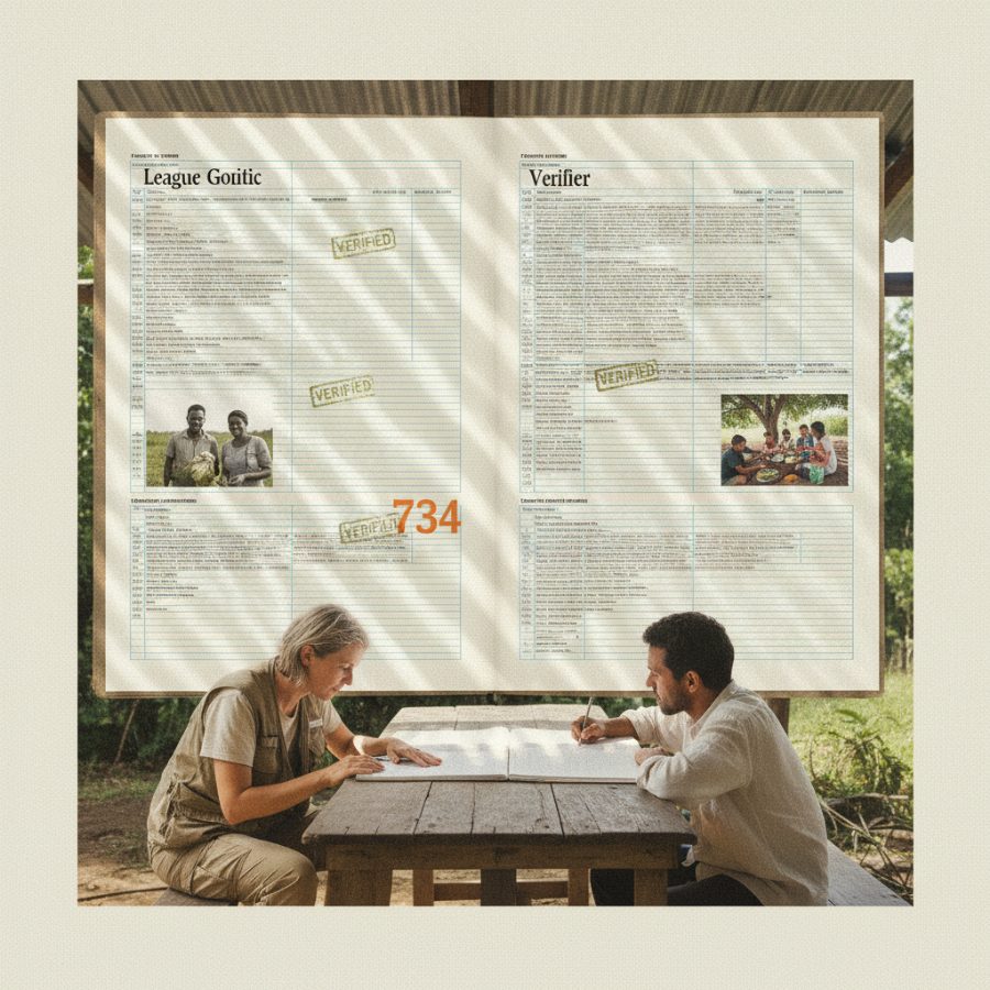 A field verifier crouched beside an NGO director reviewing a paper ledger on a wooden table outdoors under a tin roof, sunlight streaking across the page