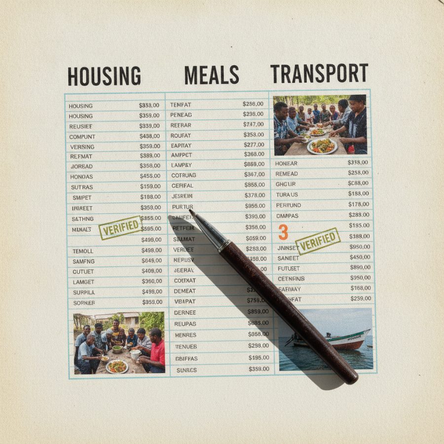 Close-up of a handwritten field notebook page with columns for housing, meals and transport, pen resting across the paper, sun-bleached edges
