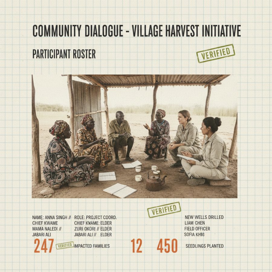 Community elders and a visiting project coordinator seated in a circle under a tin roof, mid-conversation, notebooks and tea cups on the ground between them