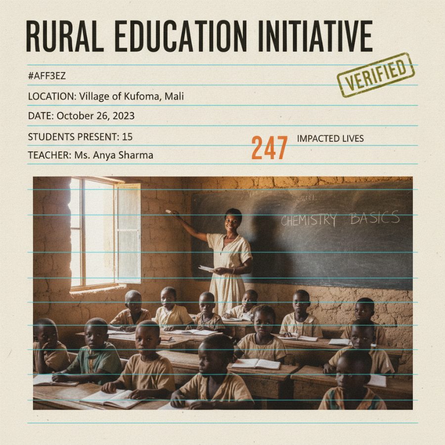 A rural classroom with a local, salaried teacher writing on a chalkboard while children sit at wooden desks, no visiting tourists in frame