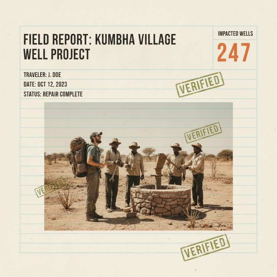 A solo traveler with a dusty backpack laughing beside a well-repair crew in a dry rural village, midday sun overhead