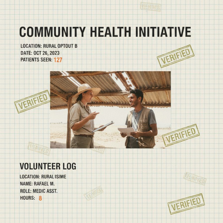 A field coordinator with a clipboard talking to a clinic volunteer under a tin roof, sunlight streaking through gaps, both mid-conversation