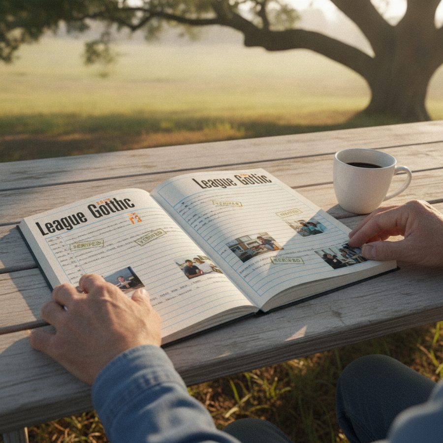 Weathered hands turning pages of a paper ledger on a wooden table outdoors, coffee cup beside it, morning light