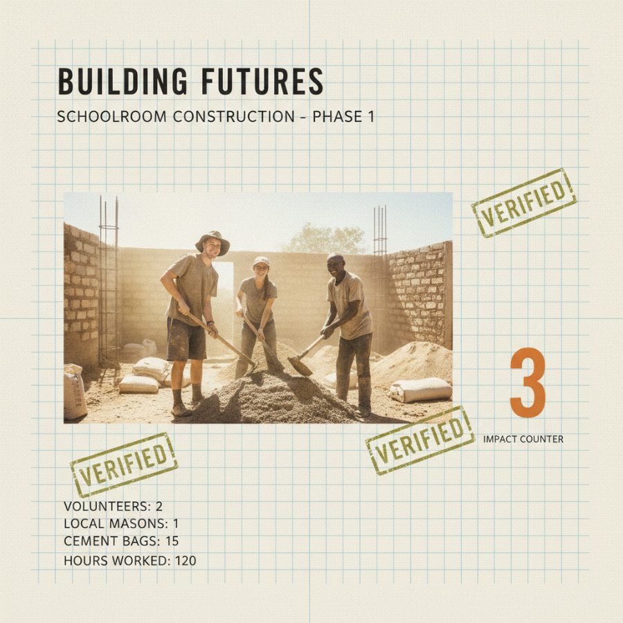 Two volunteers and a local mason mixing cement by hand at a half-built schoolroom, dust and bright midday sun