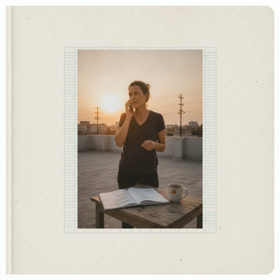 An NGO coordinator on a rooftop making a phone call at dusk, notebook open on a low table beside a mug of tea