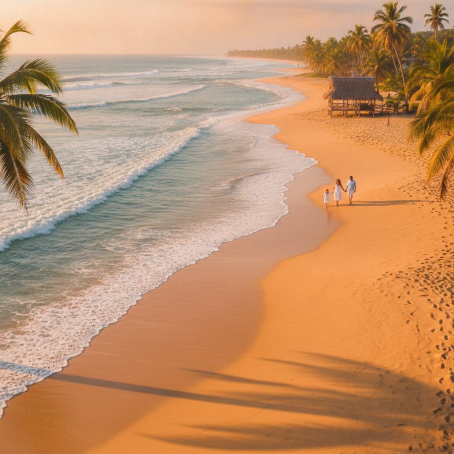 A wide golden-hour beach on Costa Rica's Pacific coast, gentle turquoise surf rolling in, palm shadows stretching across warm sand where a family walks toward a wooden turtle-hatchery hut