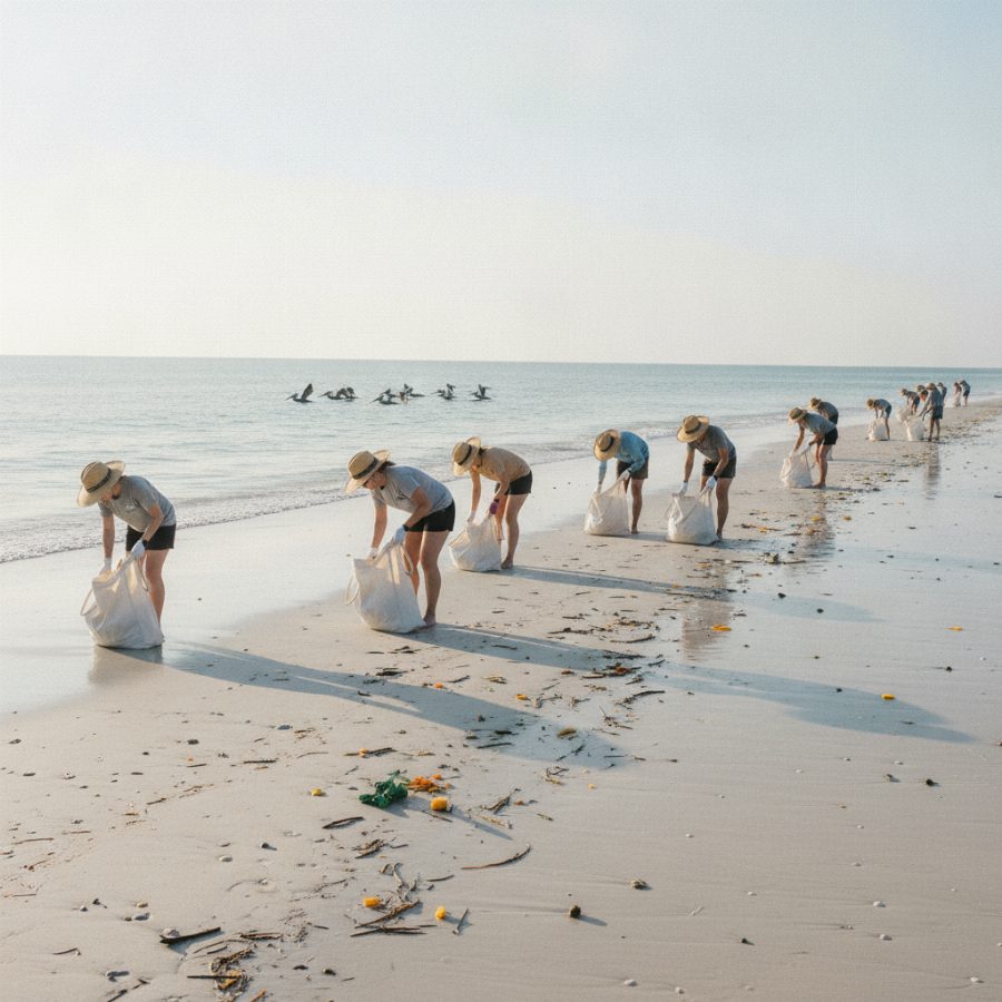Volunteers in sun hats spread along a bright morning shoreline picking driftline debris into canvas bags, low tide glinting silver, pelicans skimming the water behind them