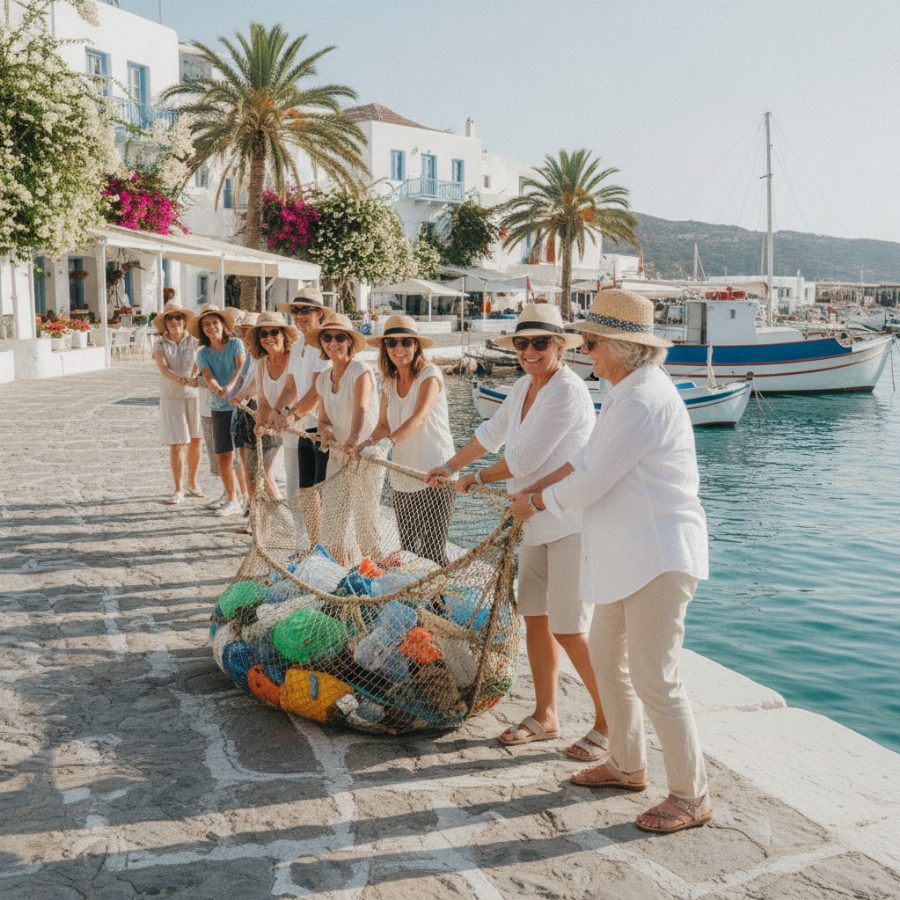 Volunteers of all ages hauling a net of collected plastic along a whitewashed Greek island harbor, turquoise water and fishing boats behind them in clear morning light