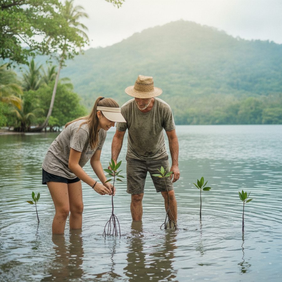 A father and teenage daughter knee-deep in calm shallows planting mangrove seedlings in Bali, soft green estuary light and misty hills in the distance