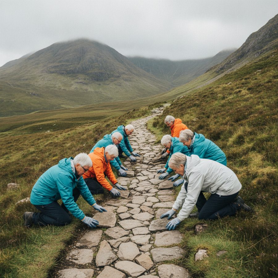 Retirees in bright rain jackets repairing a stone footpath on a green Scottish Highlands hillside, low clouds catching the ridgeline behind them