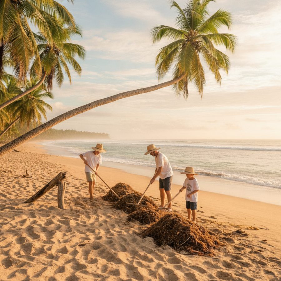 Wide golden-hour view of a Pacific beach in Costa Rica, a family of four in sun hats raking seaweed and driftwood into piles near the tideline, palm trees leaning over warm sand