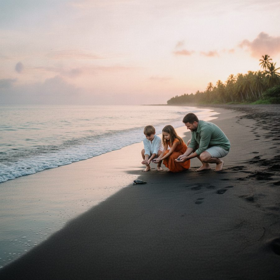 Two kids and their parents kneeling in dark volcanic sand at a Costa Rican turtle hatchery at dawn, gently placing a tiny sea turtle hatchling near the surf line, soft pink morning light on the water