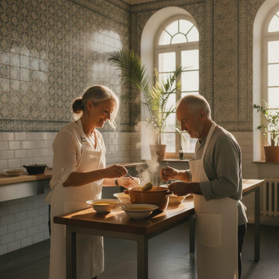 A retired couple in aprons plating bowls of soup in a bright tiled community kitchen in Lisbon, azulejo tiles on the wall behind them, steam rising, warm afternoon light through tall windows
