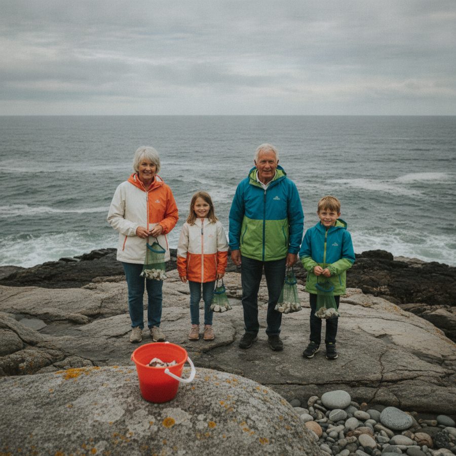 Grandparents and two grandchildren in bright windbreakers walking a rocky Atlantic shoreline with mesh collection bags, grey-blue sea and low clouds behind them, a red bucket in the foreground