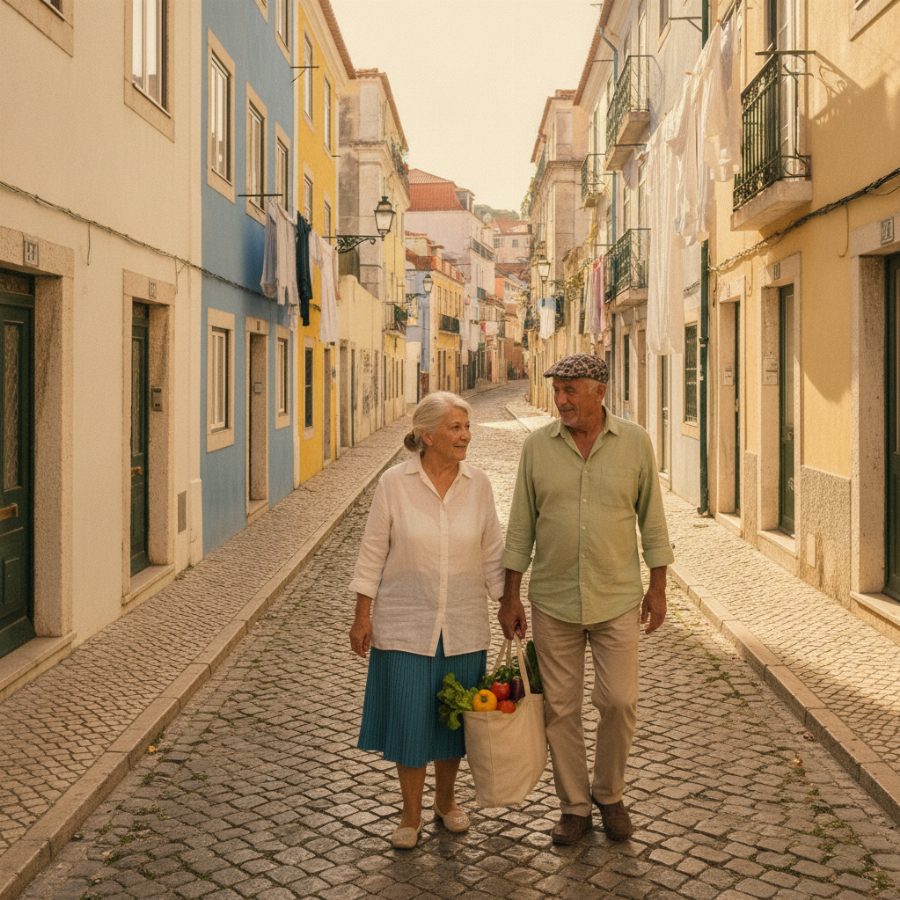 A sunlit cobbled street in Lisbon's Alfama district with laundry strung between pastel buildings and an older couple walking uphill carrying a canvas tote of vegetables