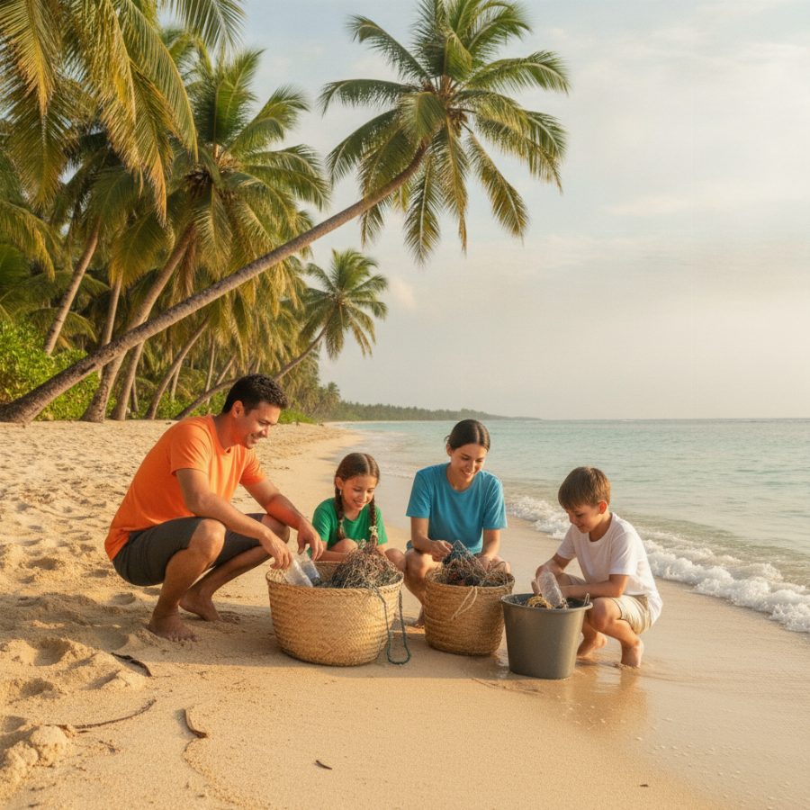 A family of four in bright t-shirts collecting driftwood and litter into buckets on a sunny tropical beach, turquoise water and palm trees behind them, morning light
