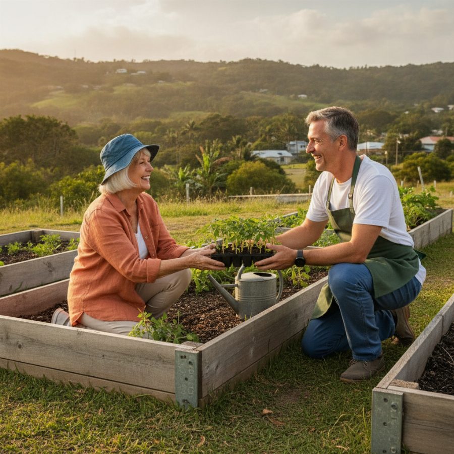 Two retirees kneeling in a raised community garden bed handing seedlings to a local volunteer coordinator, warm late-afternoon light, lush green hills in the distance