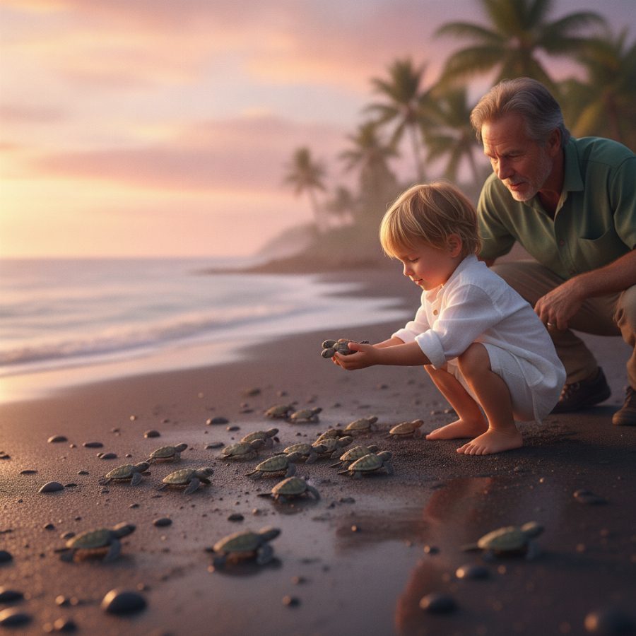 Tiny olive ridley turtle hatchlings crossing dark volcanic sand toward a dusk-pink sea, a child crouching nearby with cupped hands under a guide's watch