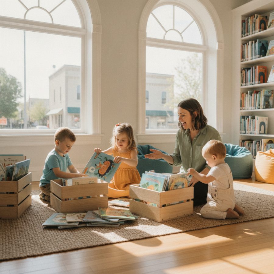 Children and a parent sorting colorful picture books into crates inside a bright small-town library, sunlight through big windows, cheerful and unposed