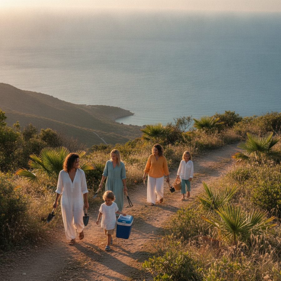 A small group of vacationers of mixed ages walking a coastal trail carrying hand tools and a water cooler, golden hour light over a blue bay below