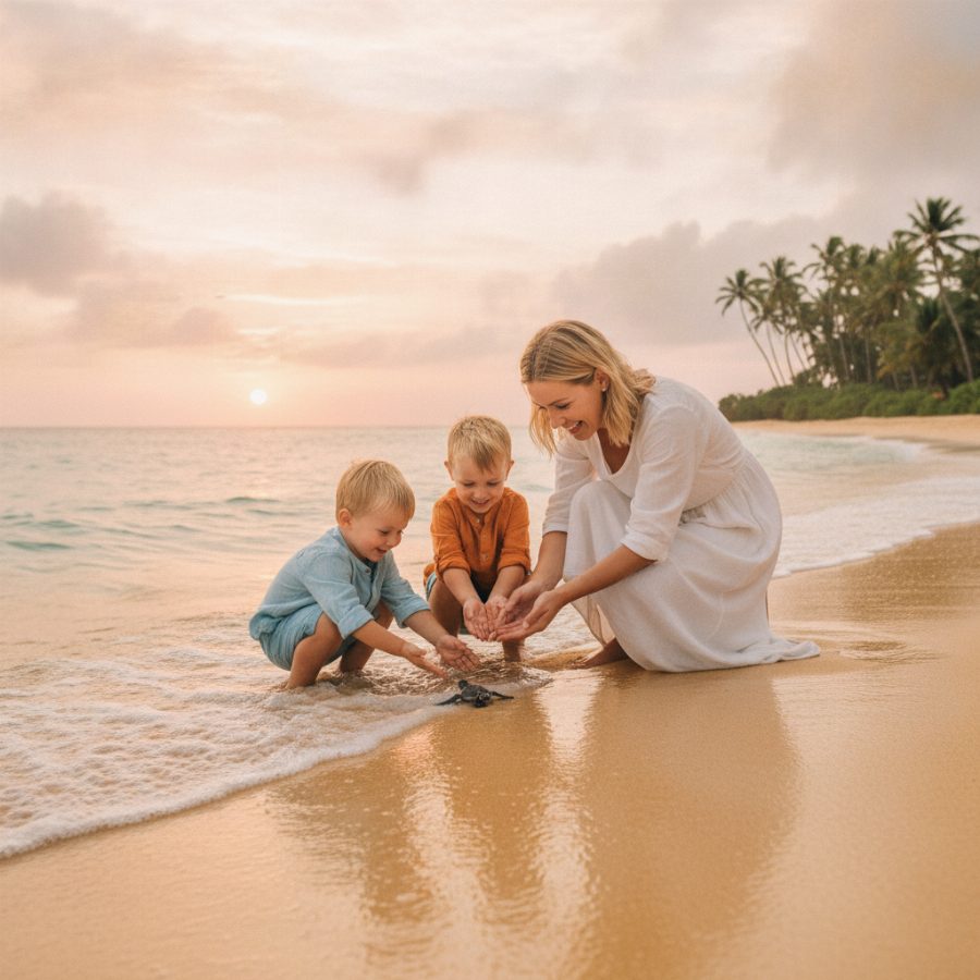 A mother and two children crouch on wet golden sand at sunrise, gently guiding a small sea turtle hatchling toward gentle turquoise surf, warm pink light on their smiling faces