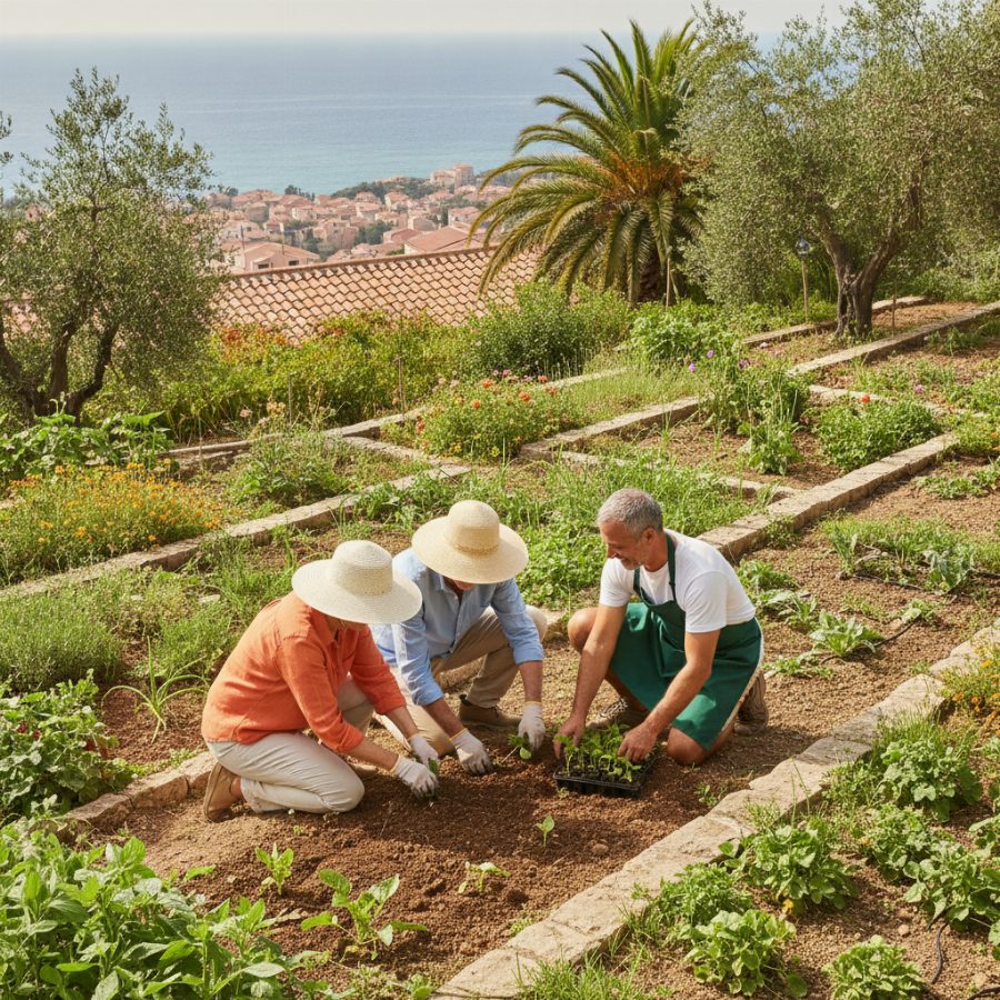 A retired couple in sun hats plant seedlings alongside a local gardener in a lush hillside community garden, terracotta rooftops and blue sea hazy in the distance