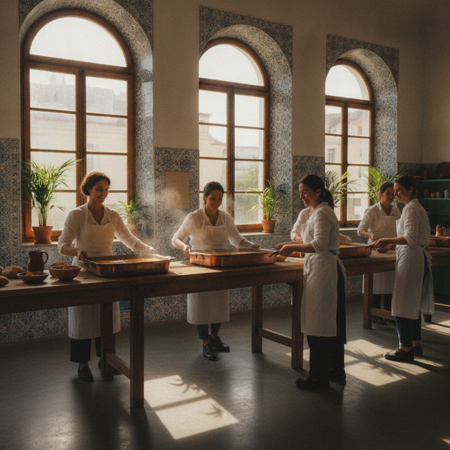 A sunlit community kitchen in Lisbon with blue azulejo tiles, volunteers passing steaming trays of soup along a wooden counter, warm afternoon light through tall windows