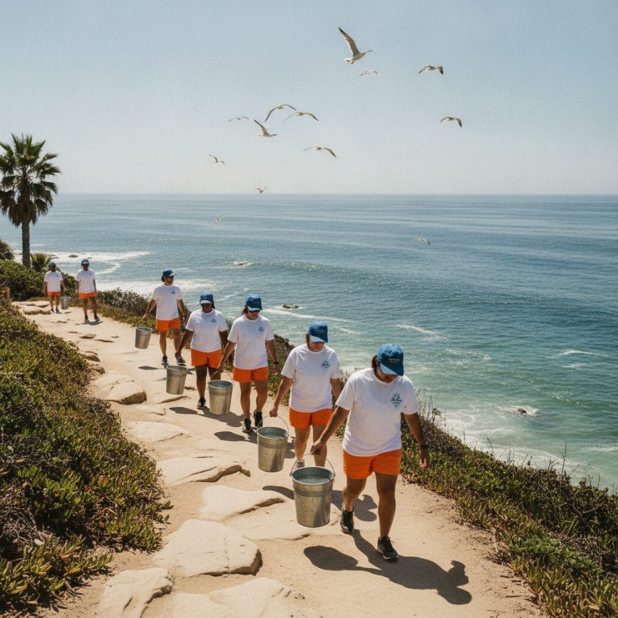 Volunteers with buckets walking a sandstone bluff trail above La Jolla's kelp-green coves, bright midday Pacific light, gulls wheeling overhead