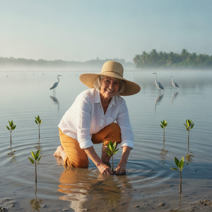 A retiree in a wide straw hat planting mangrove seedlings in glassy shallows at low tide, morning mist over the estuary, herons standing in the distance