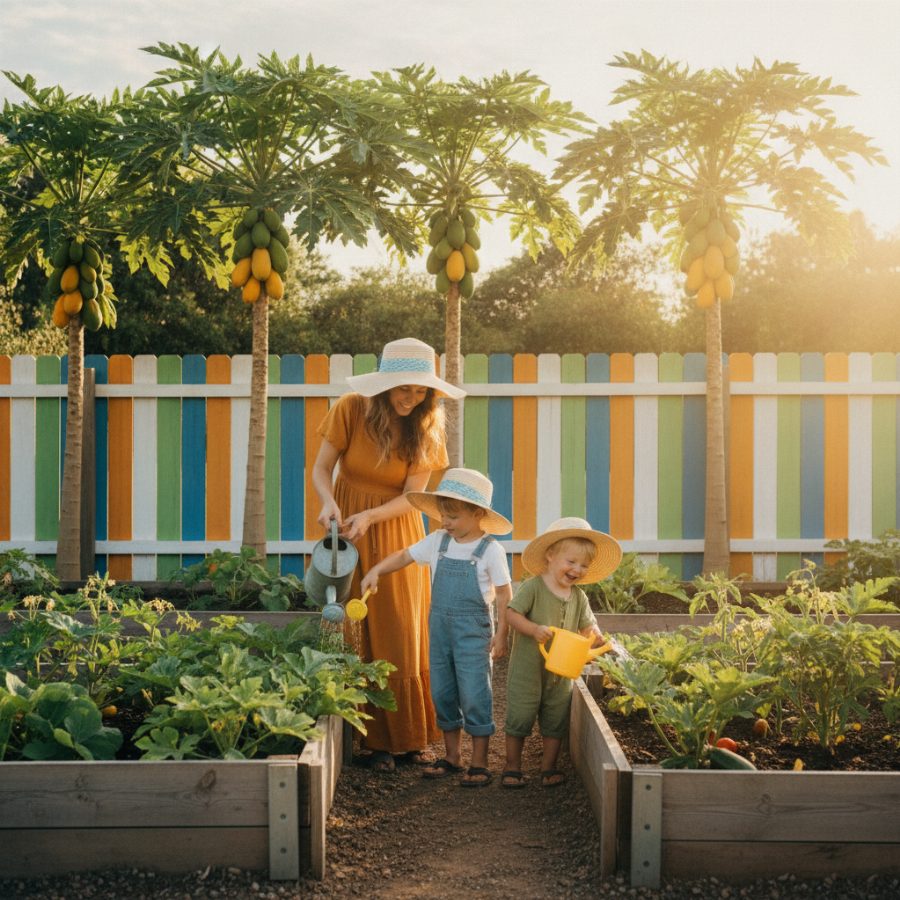 A mother and two kids in sunhats watering raised vegetable beds at a community garden, late afternoon light, a colorful painted fence and papaya trees behind them