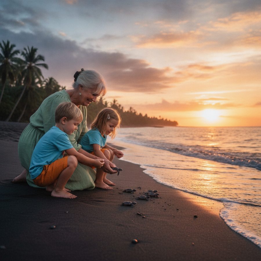 A grandmother and two grandchildren kneeling on a dark volcanic-sand beach in Costa Rica at dusk, gently releasing tiny sea turtle hatchlings toward a glowing orange surf