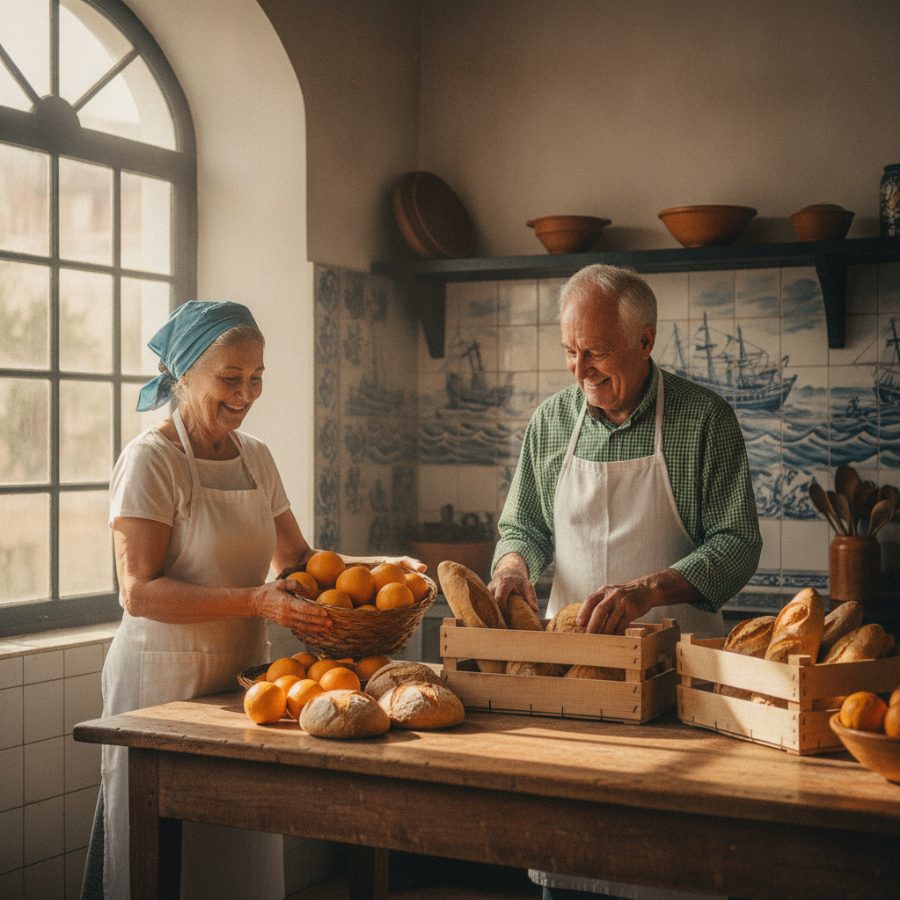 A retired couple in aprons sorting bright oranges and bread into crates inside a sunlit Lisbon community kitchen with azulejo-tiled walls