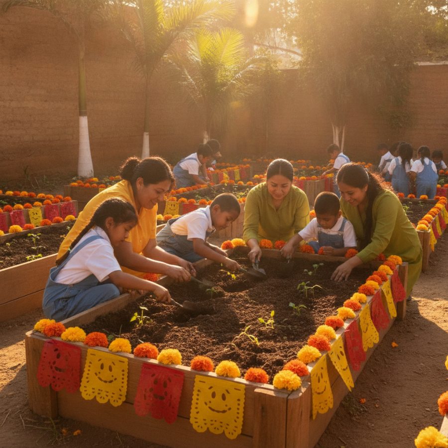 Children and visiting parents planting seedlings together in a raised-bed school garden in Oaxaca, with papel-picado-bright marigolds and warm midday sun